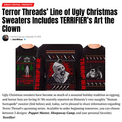Terror Threads’ Line of Ugly Christmas Sweaters Includes TERRIFIER’s Art the Clown
